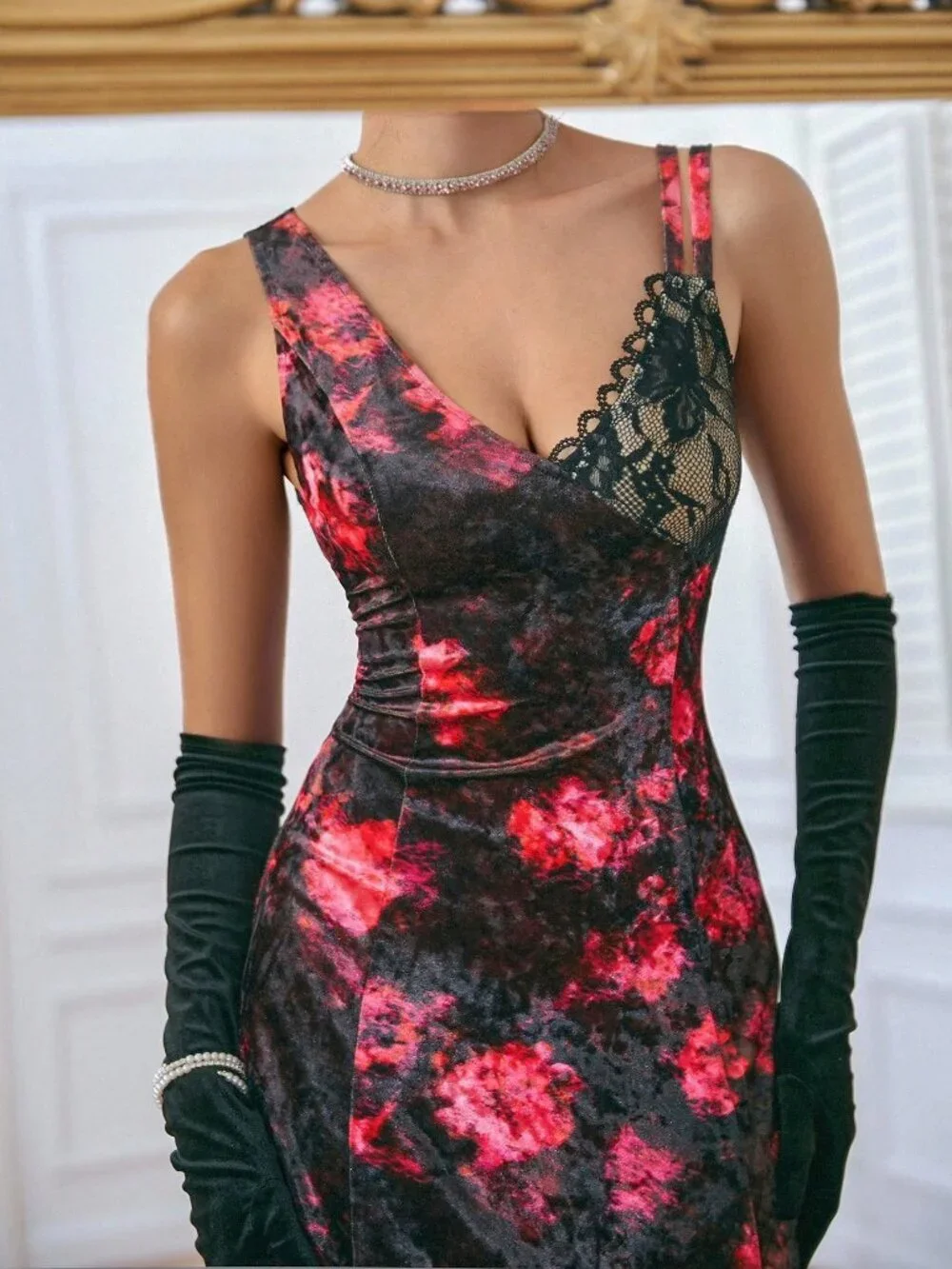 Black Elegant Women's Velvet Printed Oblique Shoulder Lace Patchwork Midi Dress